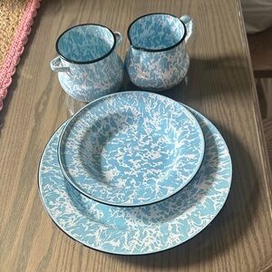 Blue and White Marble Enamel Dinnerware Set - Brand Unspecified